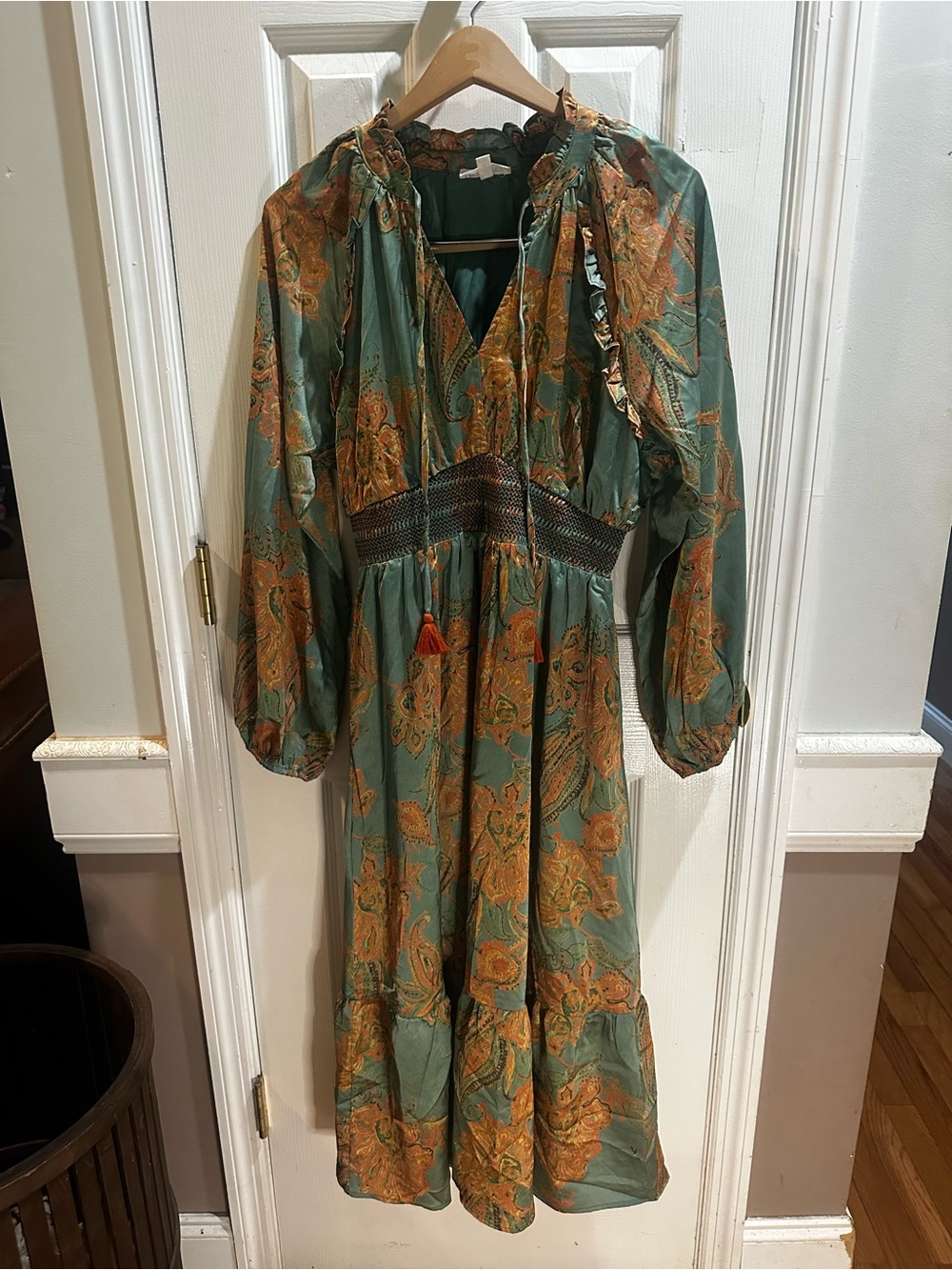 &merci Paisley Smocked Midi Dress Long Sleeve Green Orange Boho Small